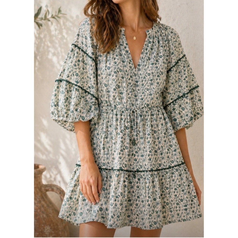 Hyacinth House Floral Print Tiered Dress with Puff Sleeves medium